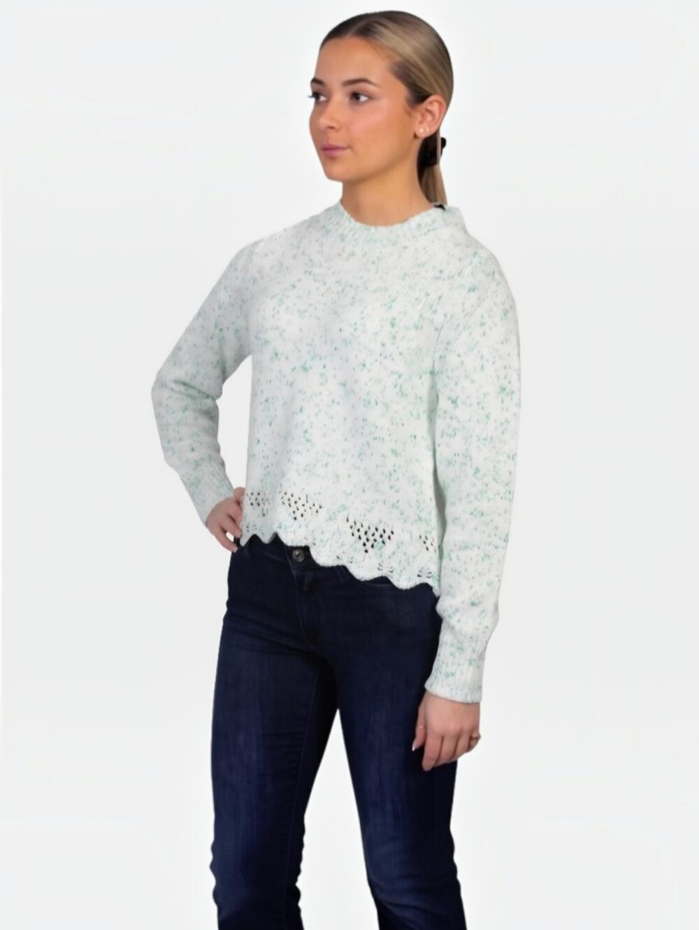 French Connection White/Blue Marbled Nevana Scalloped Hem Detail Sweater, M, NWT
